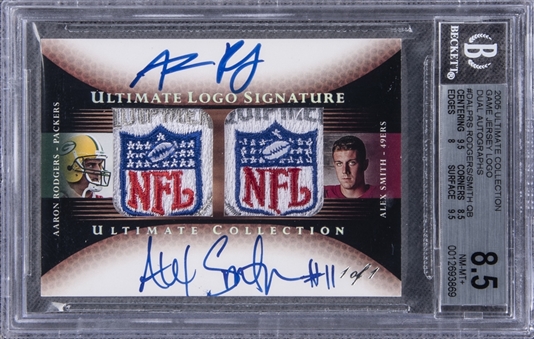 2005 Ultimate Collection Game Jersey Logo #DALPRS Aaron Rodgers/Alex Smith Dual-Signed NFL Shield Game Used Patch Rookie Card (#1/1) – BGS NM-MT+ 8.5/BGS 8